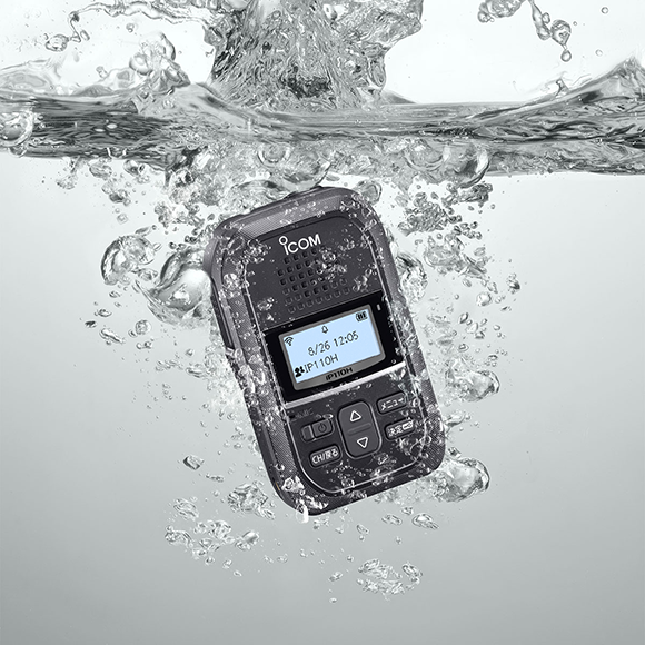 ICOM IP110H Wi-Fi radio demonstrating waterproof IP67 rating